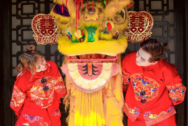 a couple of people that are standing in front of a lion, inspired by Pu Hua, happening, elaborate costume, slide show, thumbnail, square