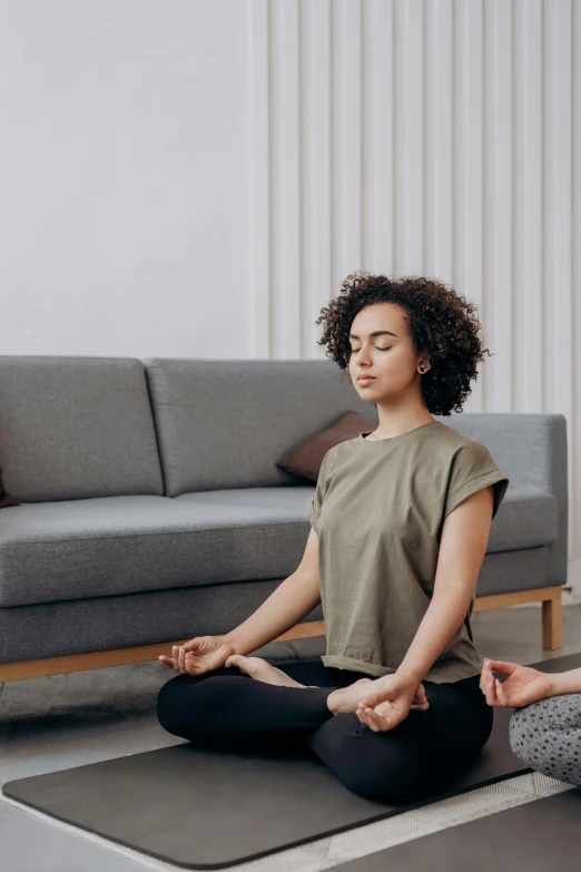 two women sitting on yoga mats in a living room, trending on pexels, renaissance, low quality photo, meditating pose, on a couch, plain background