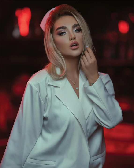 a woman in a white suit smoking a cigarette, an album cover, inspired by Elsa Bleda, trending on cg society, nurse costume, leaked photo, ( waitress ) girl, tanned ameera al taweel