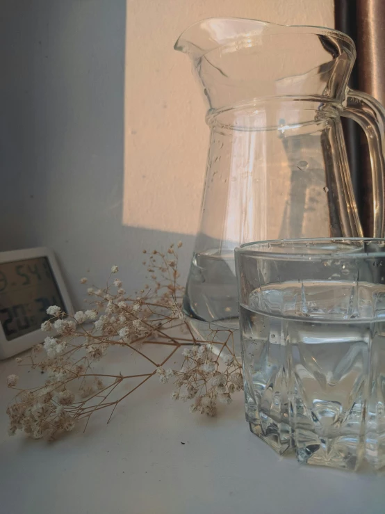 a pitcher of water next to a glass of water, unsplash, hyperrealism, low quality photo, gypsophila, natural light in room, highly detailed # no filter