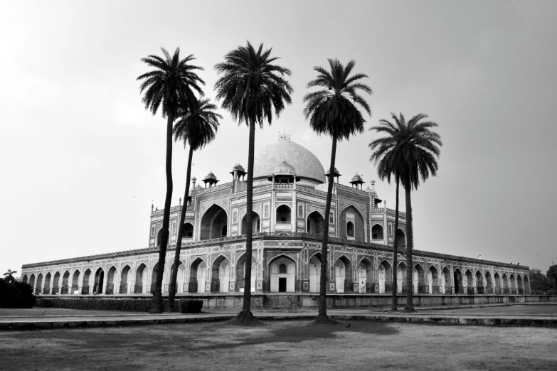 a black and white photo of a building with palm trees, by Sudip Roy, pexels contest winner, baroque, giant tomb structures, beautiful futuristic new delhi, islamic, flowers around