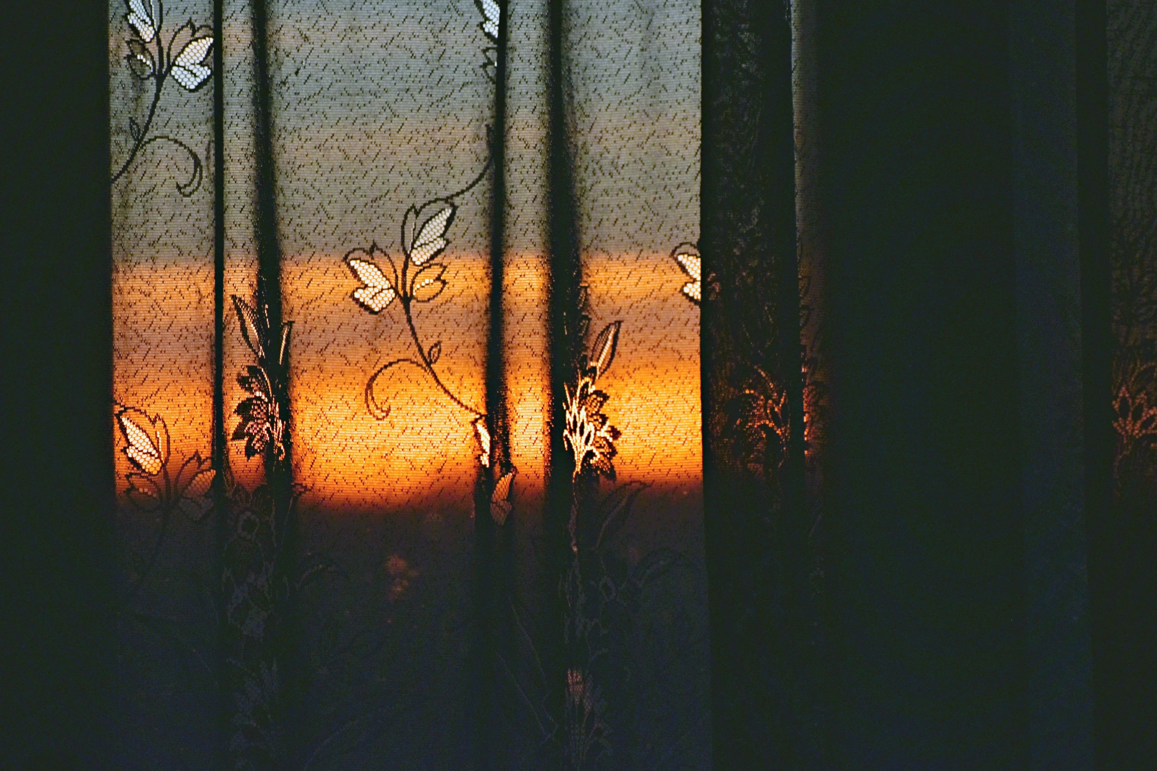 a close up of a window with a curtain, a picture, inspired by Elsa Bleda, unsplash, romanticism, there is midnight sunset, floral sunset, morning light showing injuries, iphone wallpaper