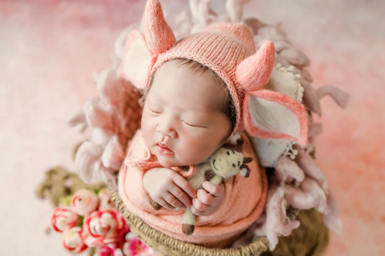 a baby sleeping in a basket with a stuffed animal, an album cover, inspired by Anne Geddes, shutterstock contest winner, symbolism, girl design lush horns, yanjun chengt, covered in pink flesh, profile pic