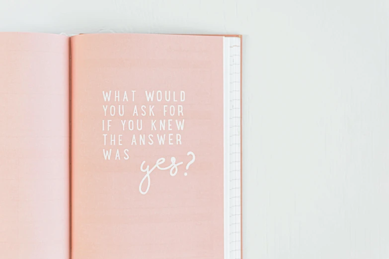 a pink notebook with the words what would you ask for if you knew the answer was you?, by Emma Andijewska, unsplash, happening, 3/4 side view, simple form, wedding, close-up product photo