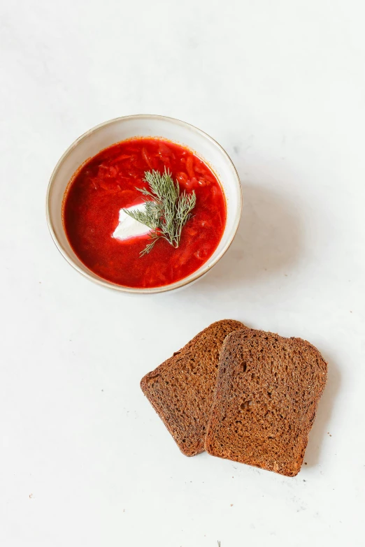 a bowl of soup next to two slices of bread, by Ilya Ostroukhov, unsplash, renaissance, plate of borscht, on white background, square, dwell