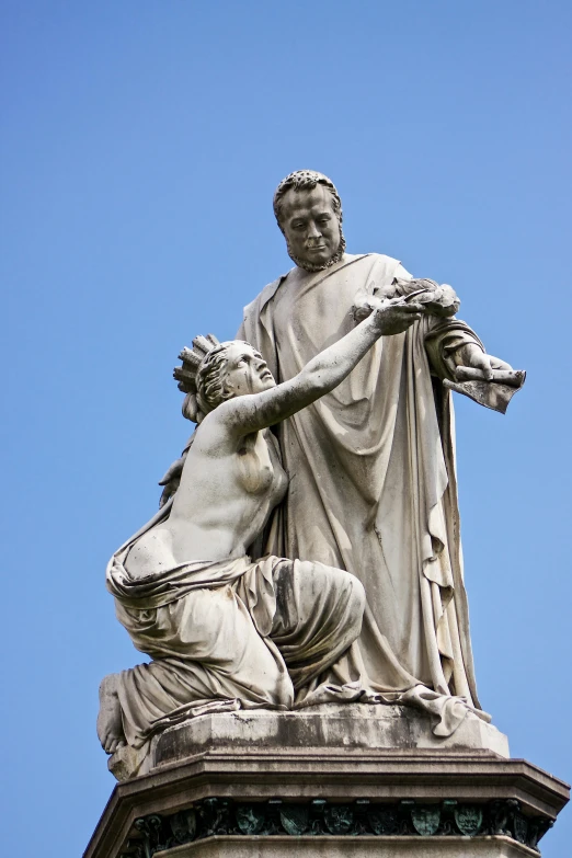 a statue on top of a building with a sky background, a statue, by Giorgio De Vincenzi, neoclassicism, blame, blue, toga, coronation