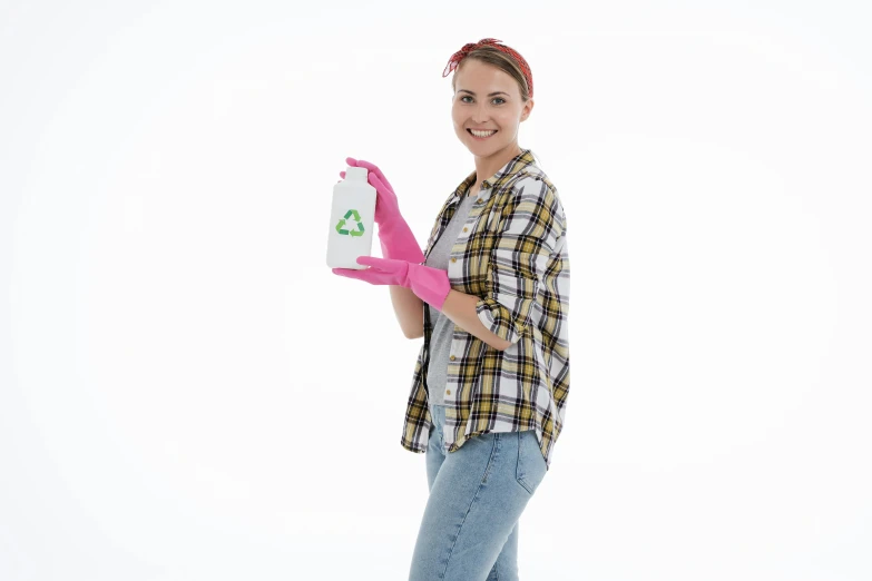 a woman holding a spray bottle and a pink glove, a portrait, pixabay, cardboard cutout, promotional image, maid, various posed