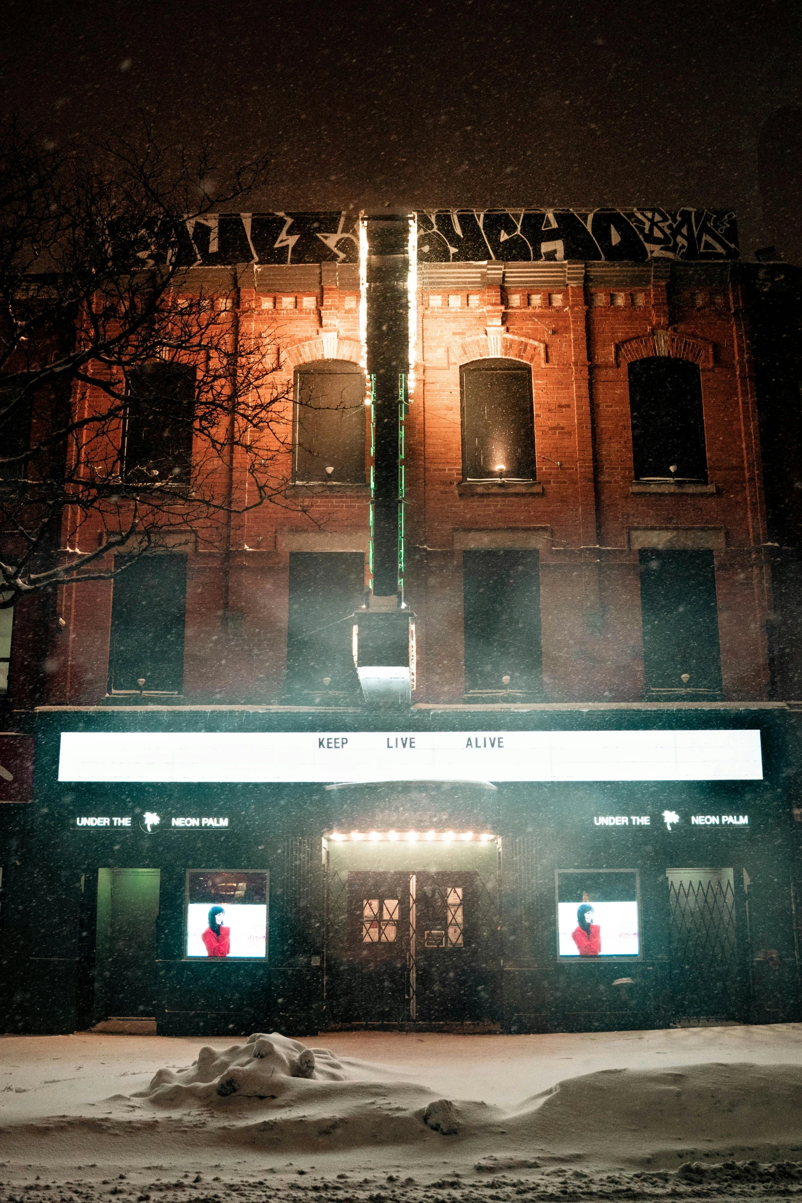 a theater is lit up at night in the snow, a photo, by Greg Rutkowski, slaughterhouse, chillhop, official store photo, 2 5 6 x 2 5 6 pixels