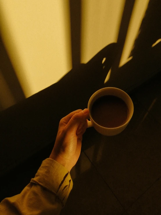 a person is holding a cup of coffee, inspired by Elsa Bleda, long cast shadows, **cinematic, brown mist, ignant