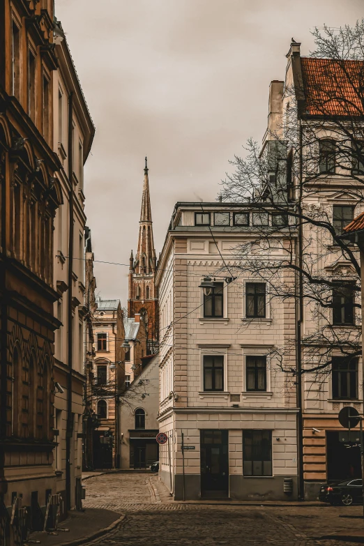 a cobblestone street with a church steeple in the background, pexels contest winner, viennese actionism, buildings covered with greebles, brown, portrait photo, high rise buildings