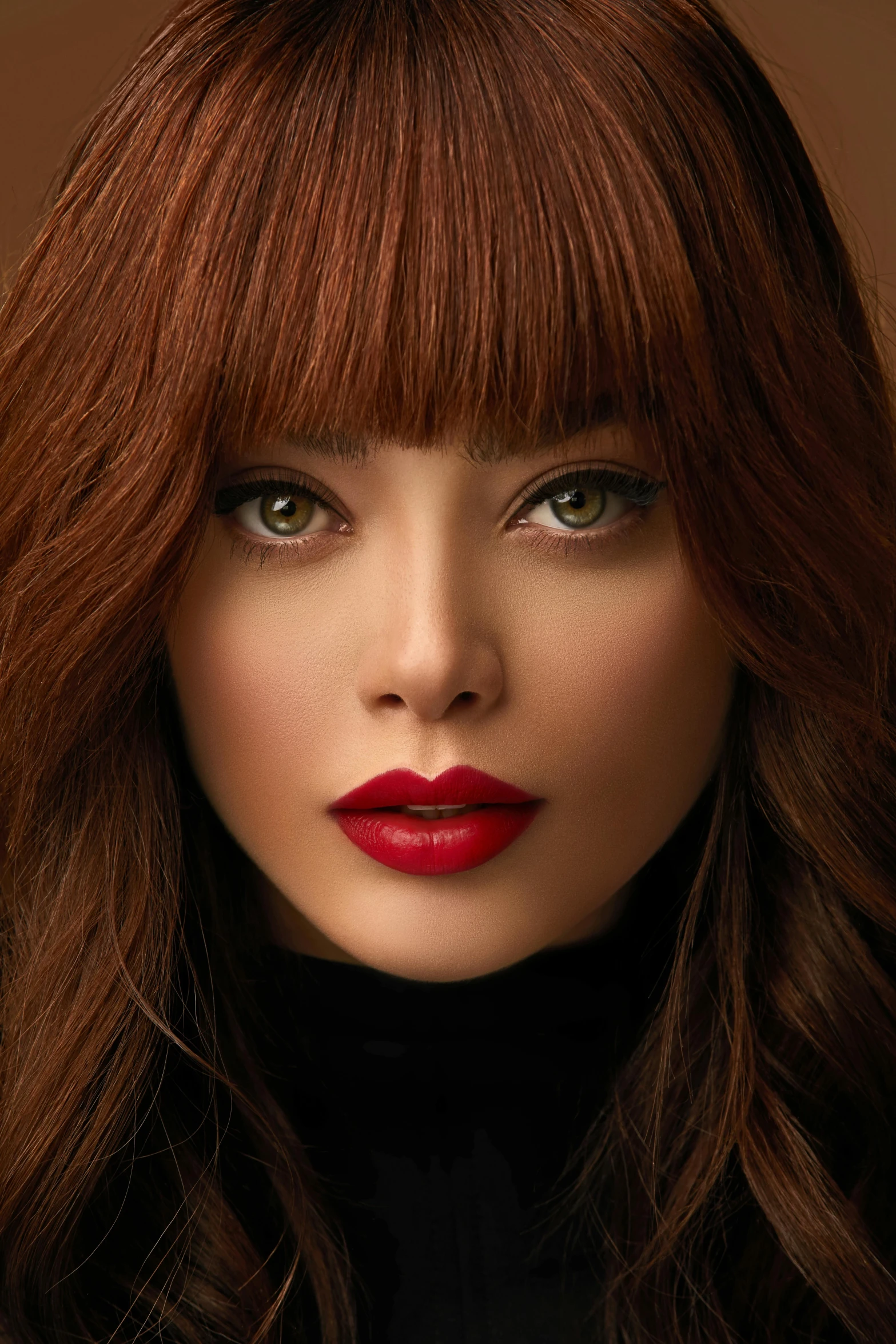 a woman with long brown hair and red lipstick, inspired by Alain Tasso, lalisa manobal, close up portrait shot, shot with sony alpha, asian human