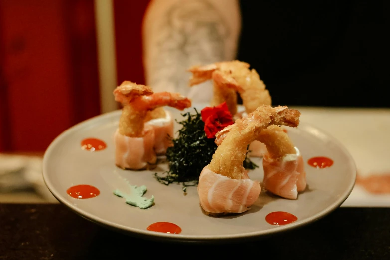 a close up of a plate of food on a table, prawn, ukiyo, creepy themed, battered