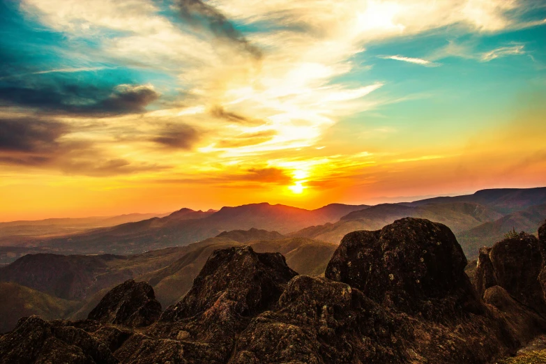 the sun is setting over a mountain range, pexels contest winner, romanticism, craggy, thumbnail, coloured photo, multiple stories