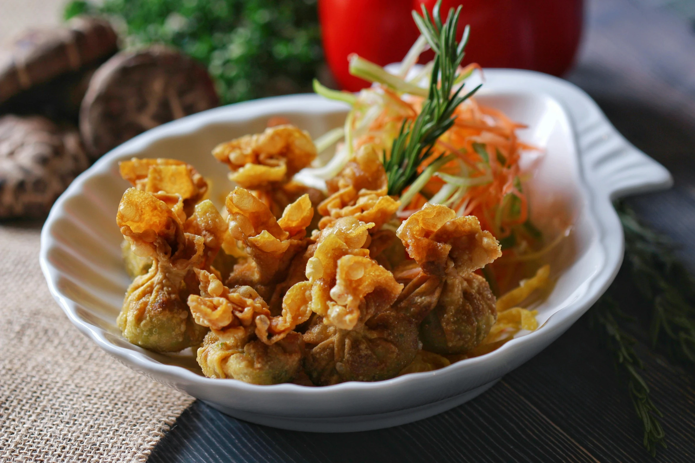 a close up of a bowl of food on a table, inspired by Affandi, unsplash, gold flaked flowers, fried chicken, square, horns