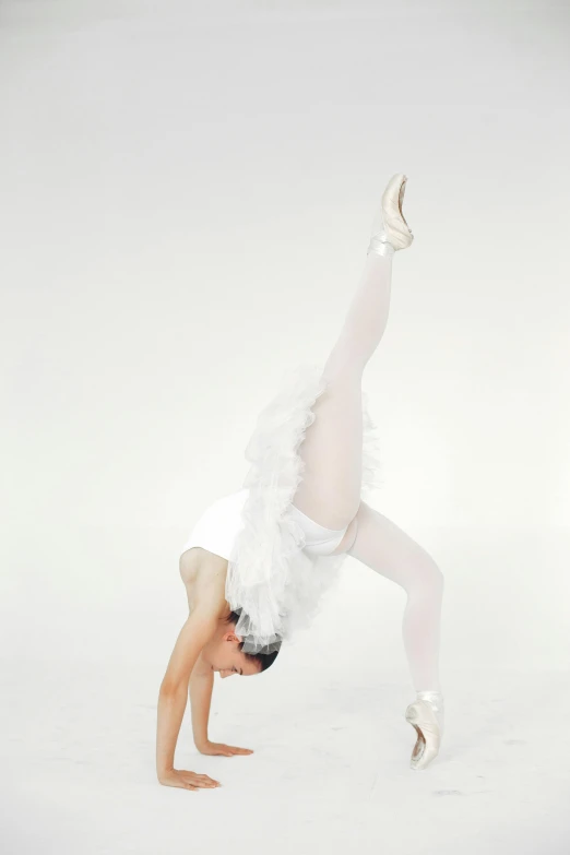 a ballerina doing a handstand pose against a white background, arabesque, swan, white uniform, silver，ivory, white