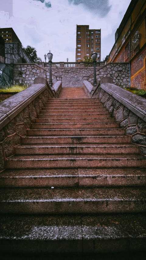 a set of stairs leading up to a building, an album cover, inspired by Elsa Bleda, unsplash, realism, dirty streets, high quality photo, mysterious highly detailed, city park