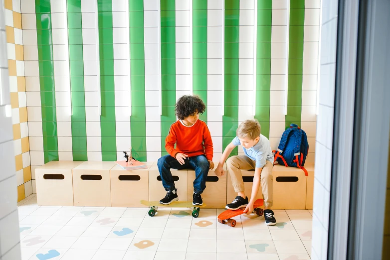 a couple of kids that are sitting on a bench, trending on unsplash, paris school, locker room, on a checkered floor, espoo, vivid and detailed