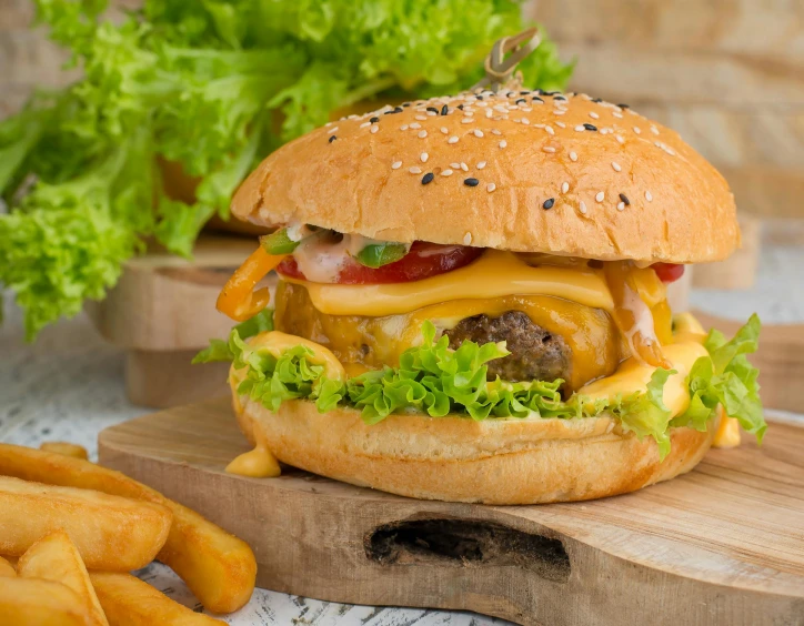 a cheeseburger and french fries on a cutting board, a portrait, shutterstock, 🦩🪐🐞👩🏻🦳, bao phan, avatar image, gourmet and crafts