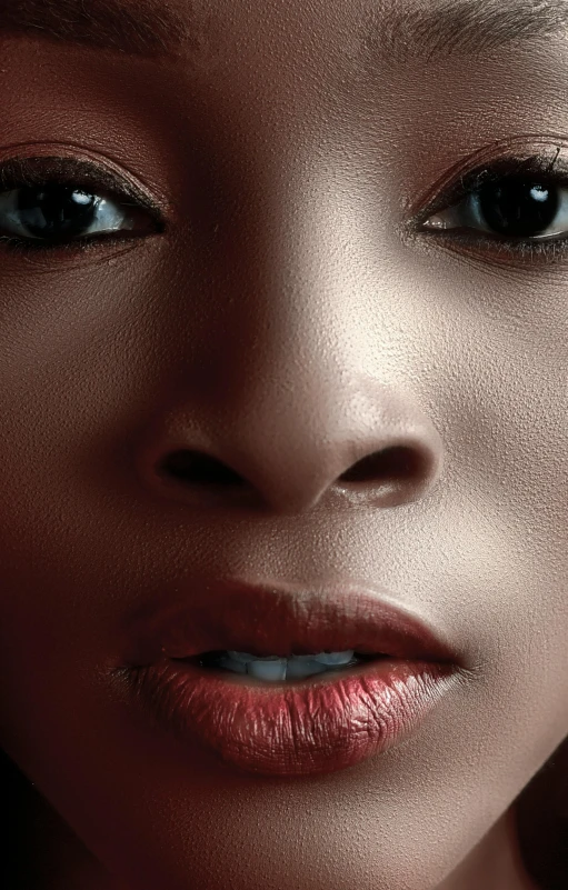 a close up of a woman's face with red lipstick, an album cover, by Chinwe Chukwuogo-Roy, pexels contest winner, hyperrealism, refined nose, light-brown skin, portrait. 8 k high definition, closeup 4k