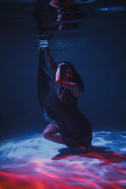 a woman sitting on a surfboard in the water, an album cover, unsplash, conceptual art, in a pitch black room, soft devil queen madison beer, wearing a dress made of water, suspended underwater