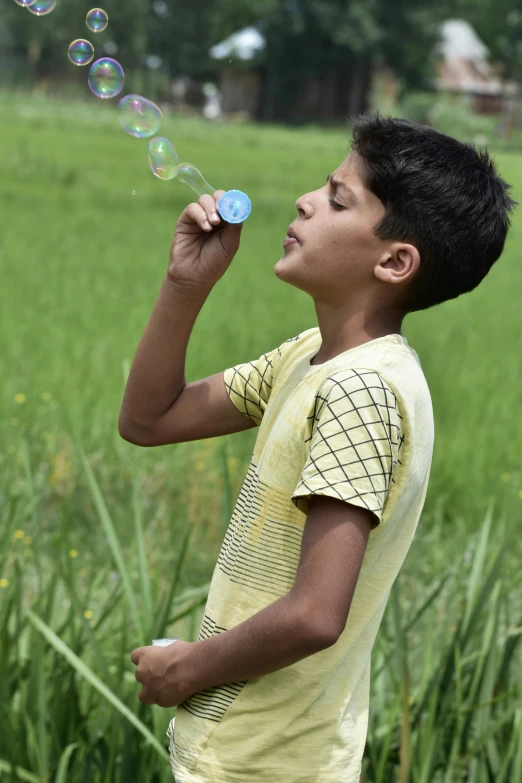 a young boy blowing bubbles in a field, pexels contest winner, bangladesh, movie still, collectible, resin