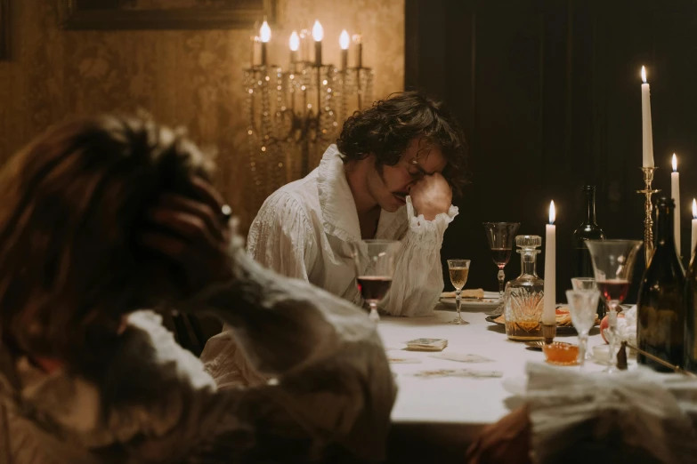 a couple of people that are sitting at a table, by Jan Lievens, pexels, rococo, highlight scene of the movie, count of monte cristo, celebration, william shakespeare crying