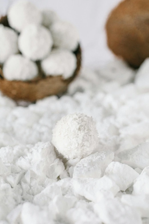a couple of coconuts sitting on top of a pile of snow, by Kristin Nelson, unsplash, process art, powdered sugar, white metallic, made of glazed, close-up product photo
