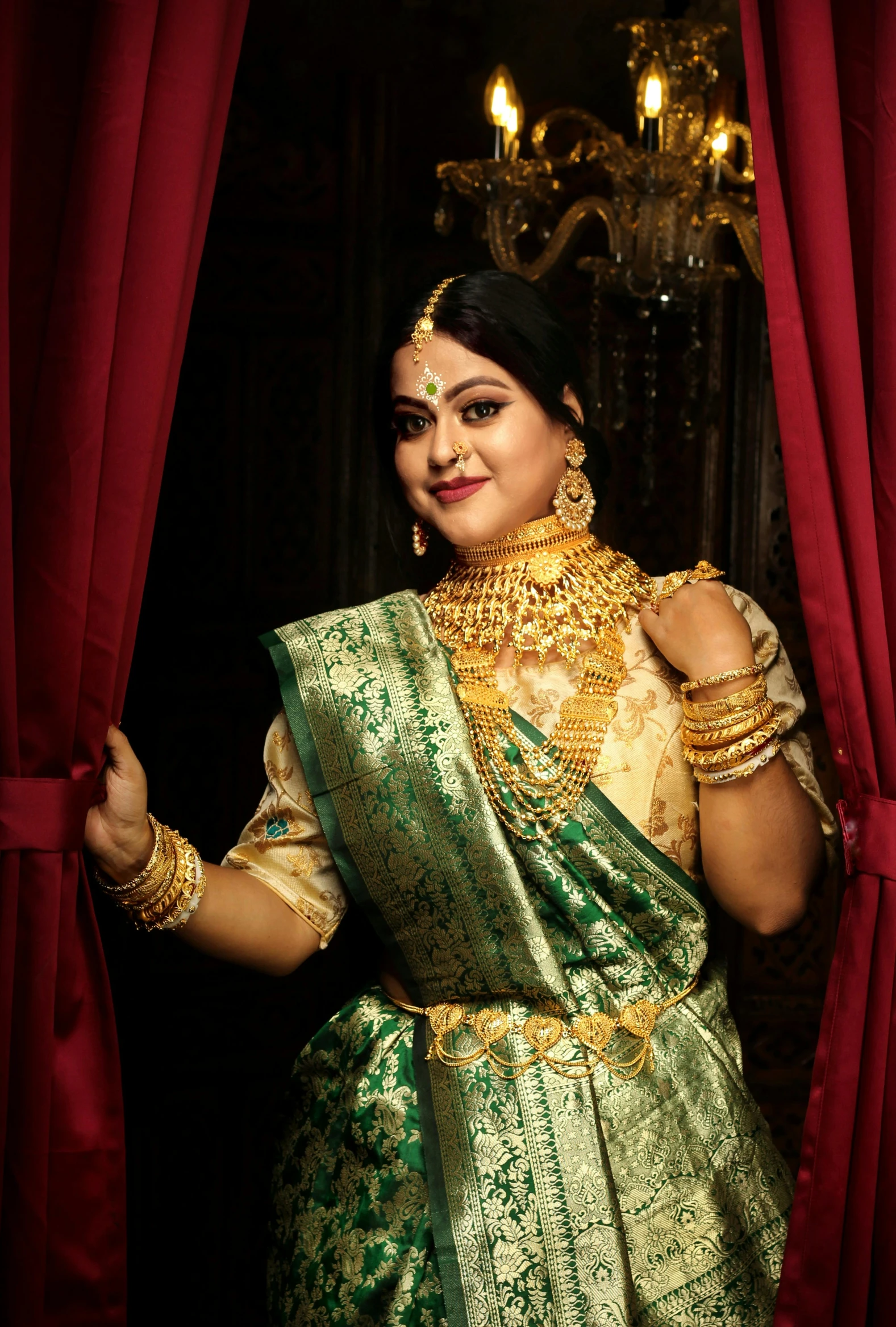 a woman in a green and gold sari, an album cover, inspired by Raja Ravi Varma, renaissance, promo image, portrait image, bangladesh, jewelry