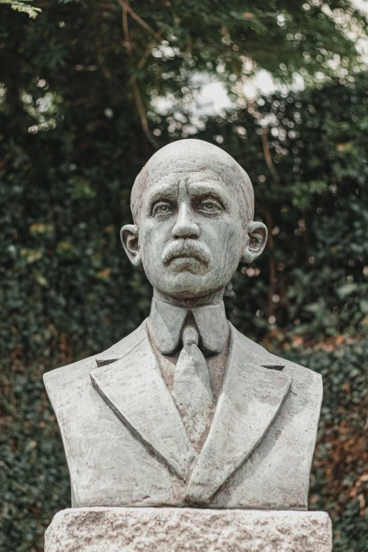 a statue of a man in a suit and tie, inspired by Adolf Fényes, unsplash, surrealism, head and shoulders view, facing front, beskinski, full view of face and body