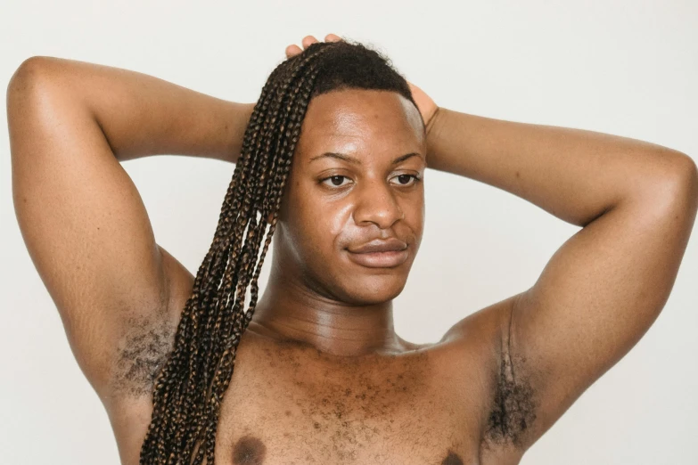a close up of a person with long hair, les nabis, armpit, ( brown skin ), shaven stubble, full body image