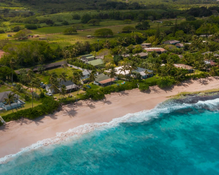 an aerial view of a beach with houses and trees, hawaii beach, sol retreat, exterior shot, lush farm lands