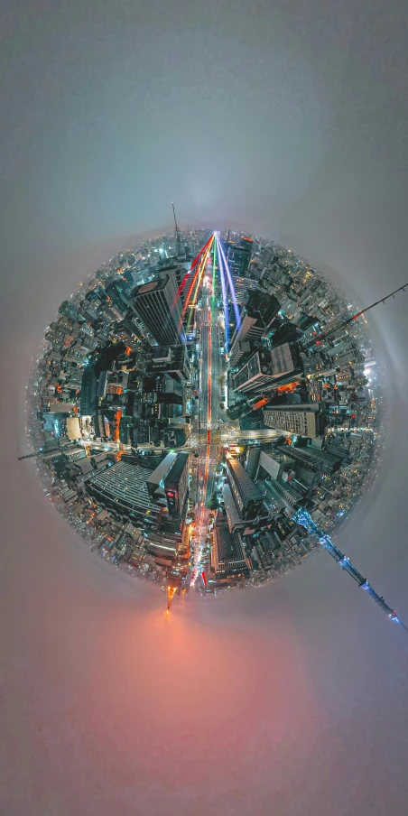 an aerial view of a city at night, a microscopic photo, unsplash contest winner, panfuturism, sphere, 8k render”