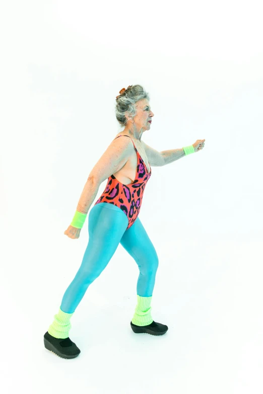 a woman holding a tennis racquet in one hand and a tennis racquet in the other, an album cover, pexels, happening, wearing leotard, elderly, dayglo, rollerskaters