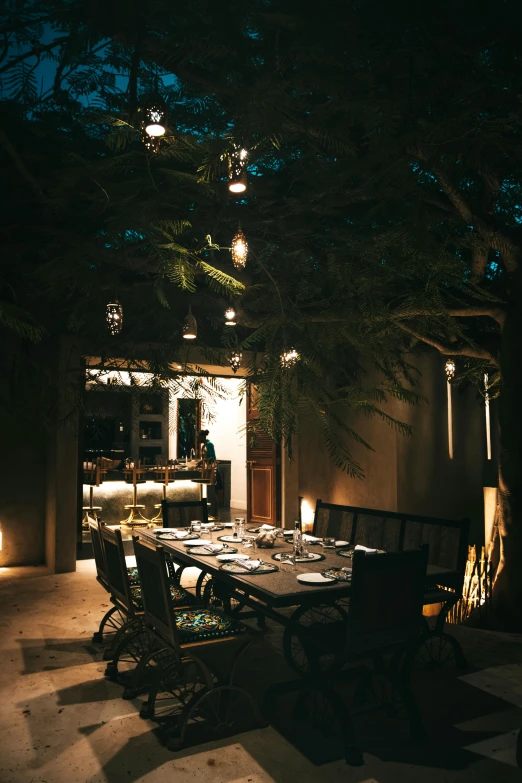 an outdoor dining area lit up at night, by Elsa Bleda, renaissance, natural morning light, chef table, dusty lighting, lush surroundings