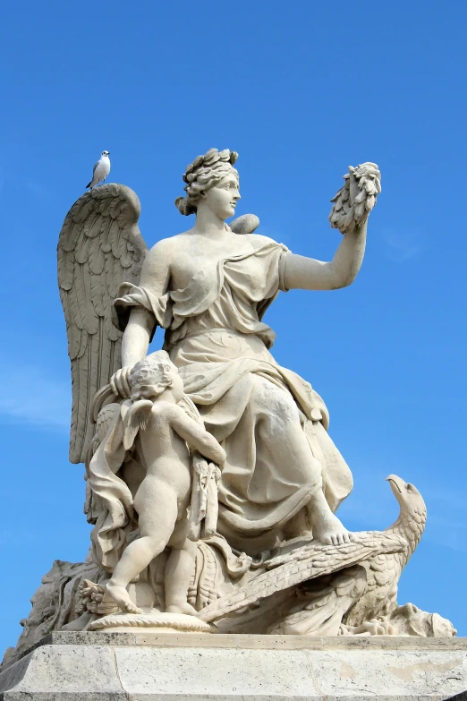 a statue of an angel holding a bird, inspired by Gian Lorenzo Bernini, flickr, neoclassicism, blue sky, perched on intricate throne, stern like athena, on loan from louvre