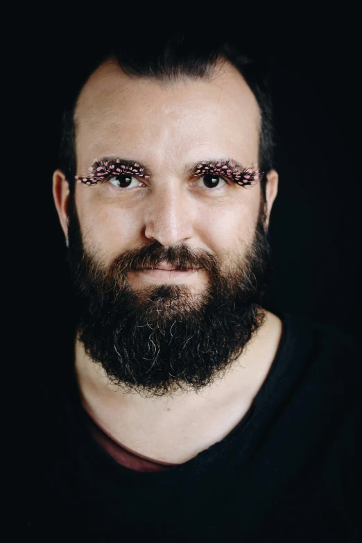 a close up of a man with a beard, an album cover, inspired by Matteo Pérez, unsplash, hyperrealism, dark glitter makeup, adafruit, looking directly at the camera, with multiple eyes