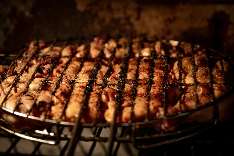 a close up of a grill with meat on it, by Joe Bowler, hurufiyya, sasai ukon masanao, grid, cooking, reverse