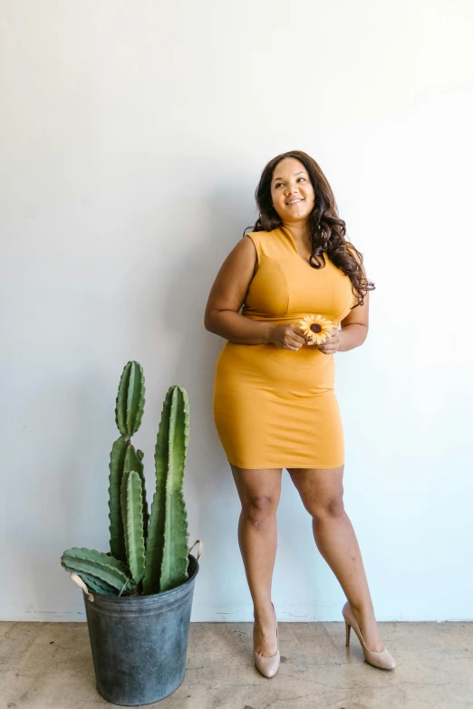 a woman in a yellow dress standing next to a cactus, thick thighs, warm skin tone, official store photo, alexis franklin