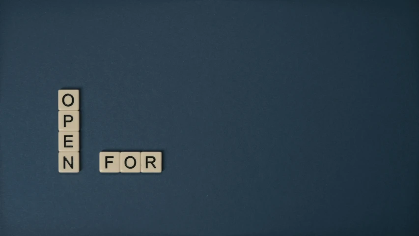 the word open for spelled in scrabbles on a blue background, an album cover, inspired by Edward Ruscha, minimalism, dementia, ignant, 4 k hd wallpapear, slate
