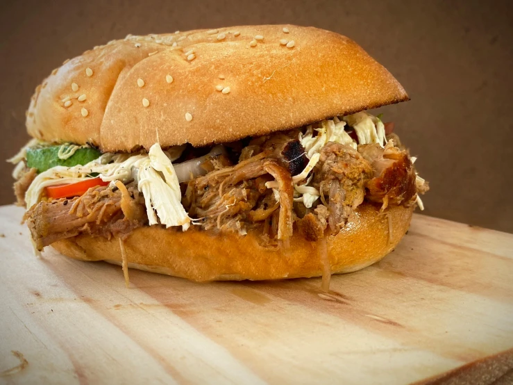 a pulled pork sandwich sitting on top of a wooden cutting board, pexels contest winner, bauhaus, tamborine, profile image, various posed, vanilla