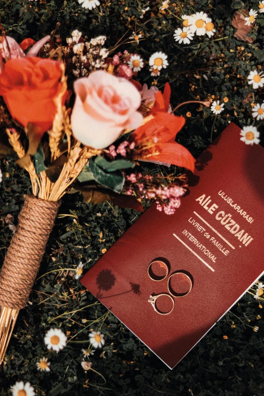 a book sitting on top of a lush green field, an album cover, by Julia Pishtar, pexels contest winner, romanticism, bouquet, passport, maroon red, instagram story