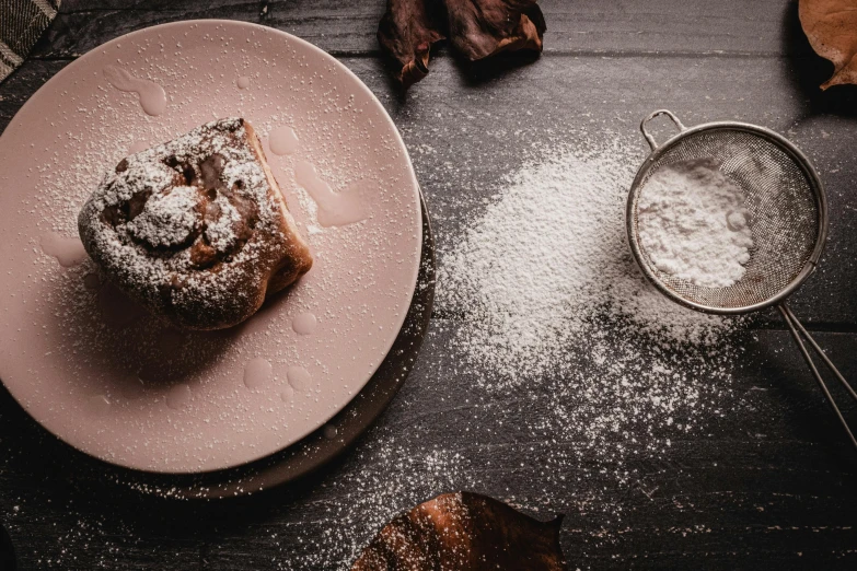 a pink plate topped with a pastry covered in powdered sugar, a still life, inspired by Richmond Barthé, trending on unsplash, desaturated, autumnal, medium format, looking across the shoulder