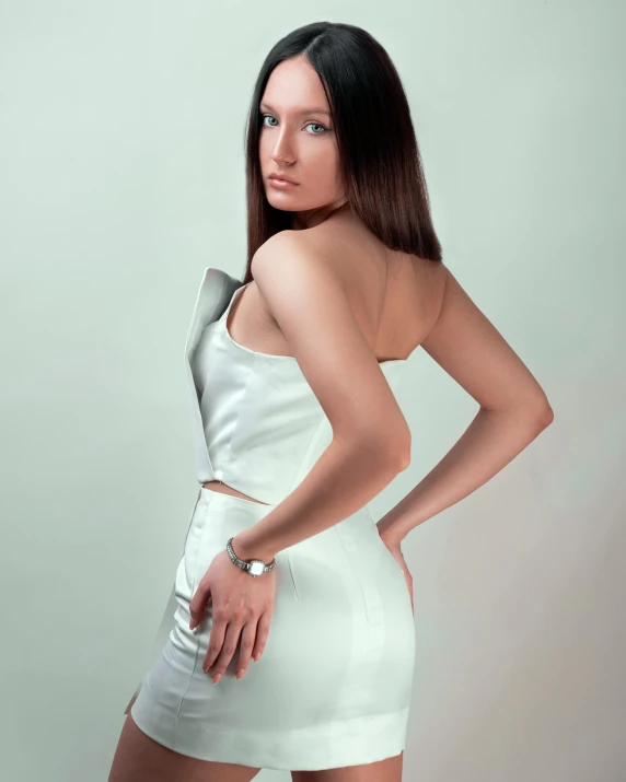 a woman in a white dress posing for a picture, tight outfit, 5 0 0 px models, silver，ivory, smooth in _ the background