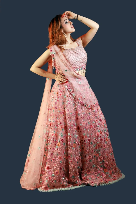 a woman in a pink dress posing for a picture, a digital rendering, pixabay, indian super model, fabric embroidery, !!highly detalied, covered in flowers