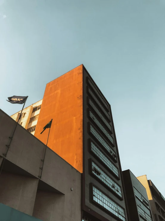 a tall building with a flag on top of it, a photo, inspired by Elsa Bleda, pexels contest winner, brutalism, brown, são paulo, ((rust)), black and terracotta