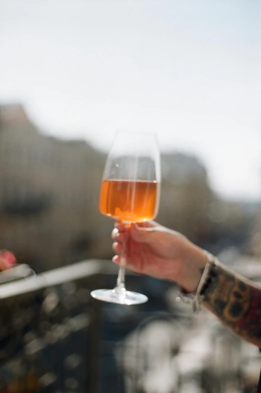 a close up of a person holding a wine glass, in paris, mead, amber, pink