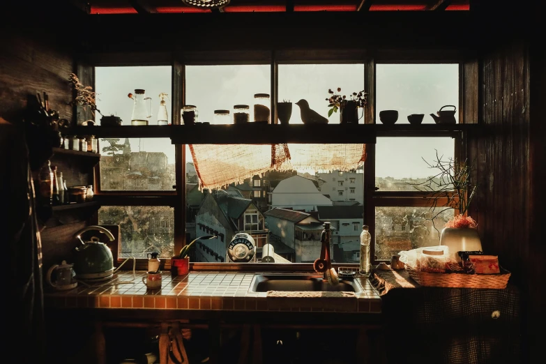 a kitchen sink sitting under a window next to a window sill, unsplash contest winner, like jiufen, a multidimensional cozy tavern, bay area, interior of a loft