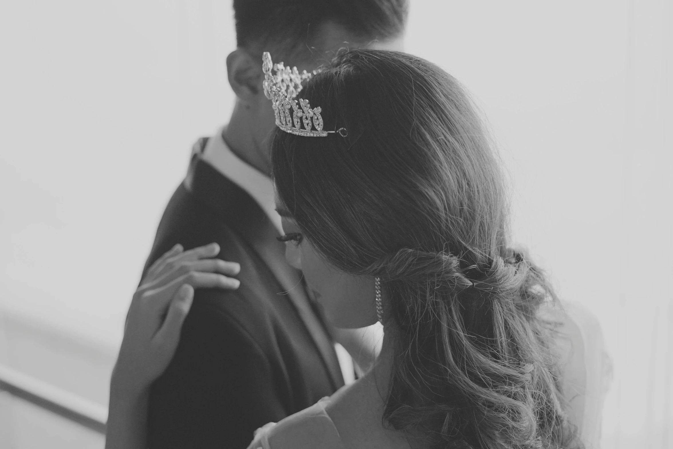 a black and white photo of a bride and groom, tumblr, wearing tiara, 15081959 21121991 01012000 4k, asian female, over the shoulder closeup