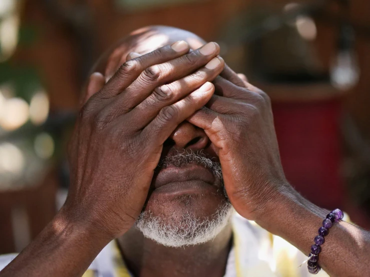 a man covering his eyes with his hands, by Dan Frazier, pexels contest winner, hurufiyya, jamaica, portrait of hide the pain harold, an ahoge stands up on her head, giga chad crying
