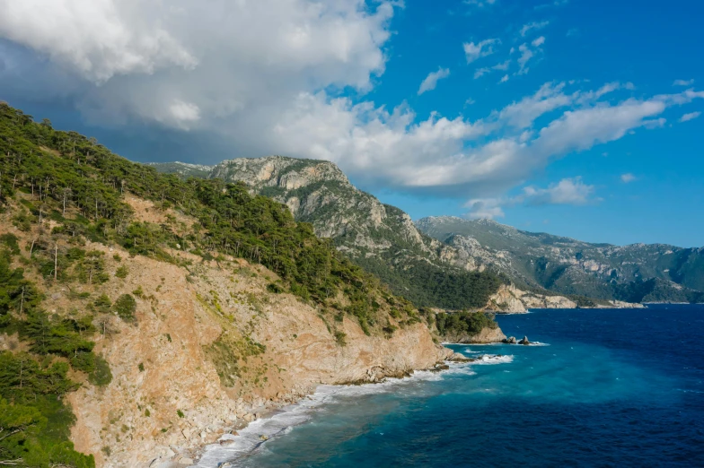 a large body of water next to a lush green hillside, by Daren Bader, pexels contest winner, renaissance, mediterranean beach background, mount olympus, conde nast traveler photo, high cliff